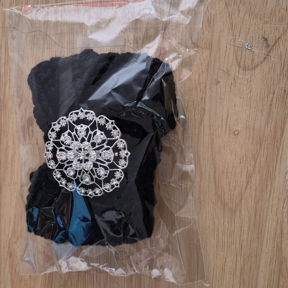 Black Crocheted Headband with Silver Brooch Accent - Picture 4 of 4